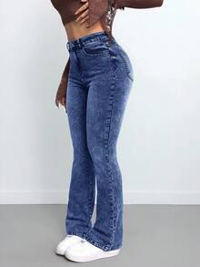 SHEIN Tall 女士休闲修身弹力喇叭牛仔裤，新年圣诞节高腰牛仔裤 - 深色水洗藍 - 查看 5