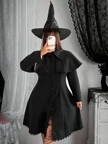 Flirla Grunge Punk Plus Size Women's Cloak Design Fashion Dark Style Woolen Coat Fall Winter Cloth For Women Autumn Halloween - Black - View 5