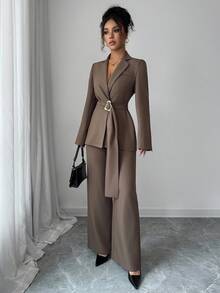 Elenzga Women's Elegant & Sophisticated Autumn/Winter Office Commute 2 Pieces Suit Set: Long Sleeve Blazer Jacket With Metal Decor + Wide Leg Pants, Deep Brown - Brown - View 4