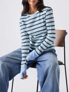 LYSMO 2025新款简约秋季女装休闲条纹圆领长袖T恤，秋季/万圣节服装/圣诞节女装/《圣诞夜惊魂》 - 彩色 - 查看 5