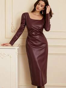 GENKIRA New Arrival PU Fabric Elegant High-End Classy Square Collar Waist Cinched Slit Maxi Long Sleeve Dress - Burgundy - View 1