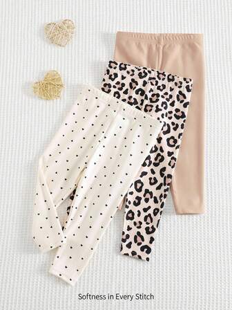 Cozy Pixies 3 pièces Ensemble de leggings élastiques doux à la taille pour bébé fille, imprimé cœur léopard pour la Saint-Valentin