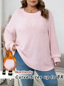 SHEIN CURVE+ 大码户外上衣，大码休闲圆领落肩宽松长袖T恤，秋季大码服装 - 粉色 - 查看 1