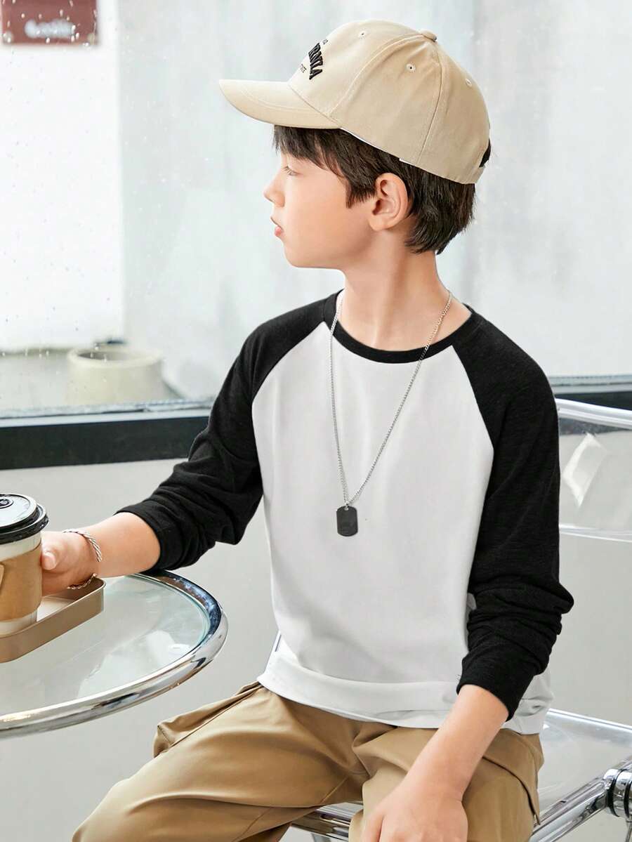 SHEIN 男童休闲圆领拼色袖针织T恤 - 黑色 - 查看 1