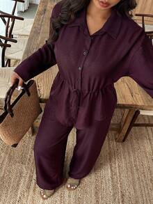 Weeklong 2pcs Women Cinched Waist Curved Hem Front Long Back Short Shirt Set - Burgundy - View 5