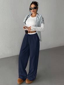 SHEIN EZwear 女款海军蓝拼接腰带休闲阔腿裤 - 藏蓝色 - 查看 4