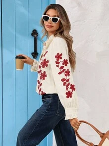 Vivid Eden Symmetrical Floral Embroidered Long Sleeve Blouse With Lace Trim For Women - White - View 3