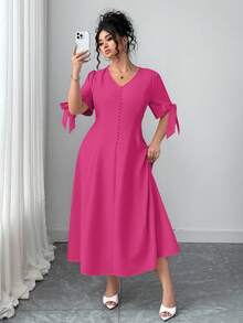 Elenzga Plus Size Solid Color V-Neck Bow Elegant Dress - Hot Pink - View 8