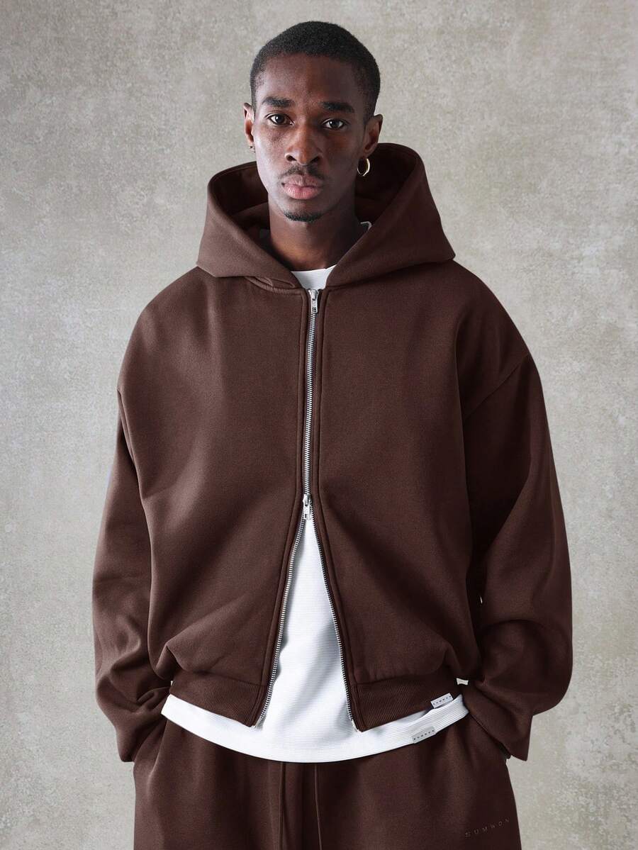 SUMWON 短款全拉链连帽卫衣，正面拉链，复古基本款休闲连帽衫，秋冬抽绳套头衫，经典款式 - 巧克力棕 - 查看 1