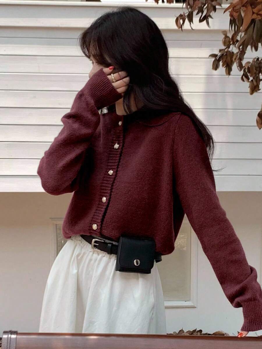 DAZY Women's Burgundy Knitted Cardigan, Elegant Business Casual Commuter Wear For Autumn And Winter, Suitable For New Year And Christmas