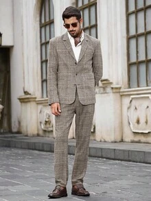 Calvornis 男士格子休闲长袖上衣和裤子套装 - 駝色 - 查看 3