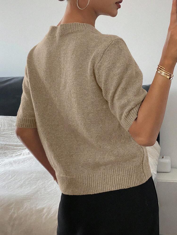 Heart Decor Loose Fit Short Sleeve Crew Neck Casual Knit Top For Women, Spring/Autumn