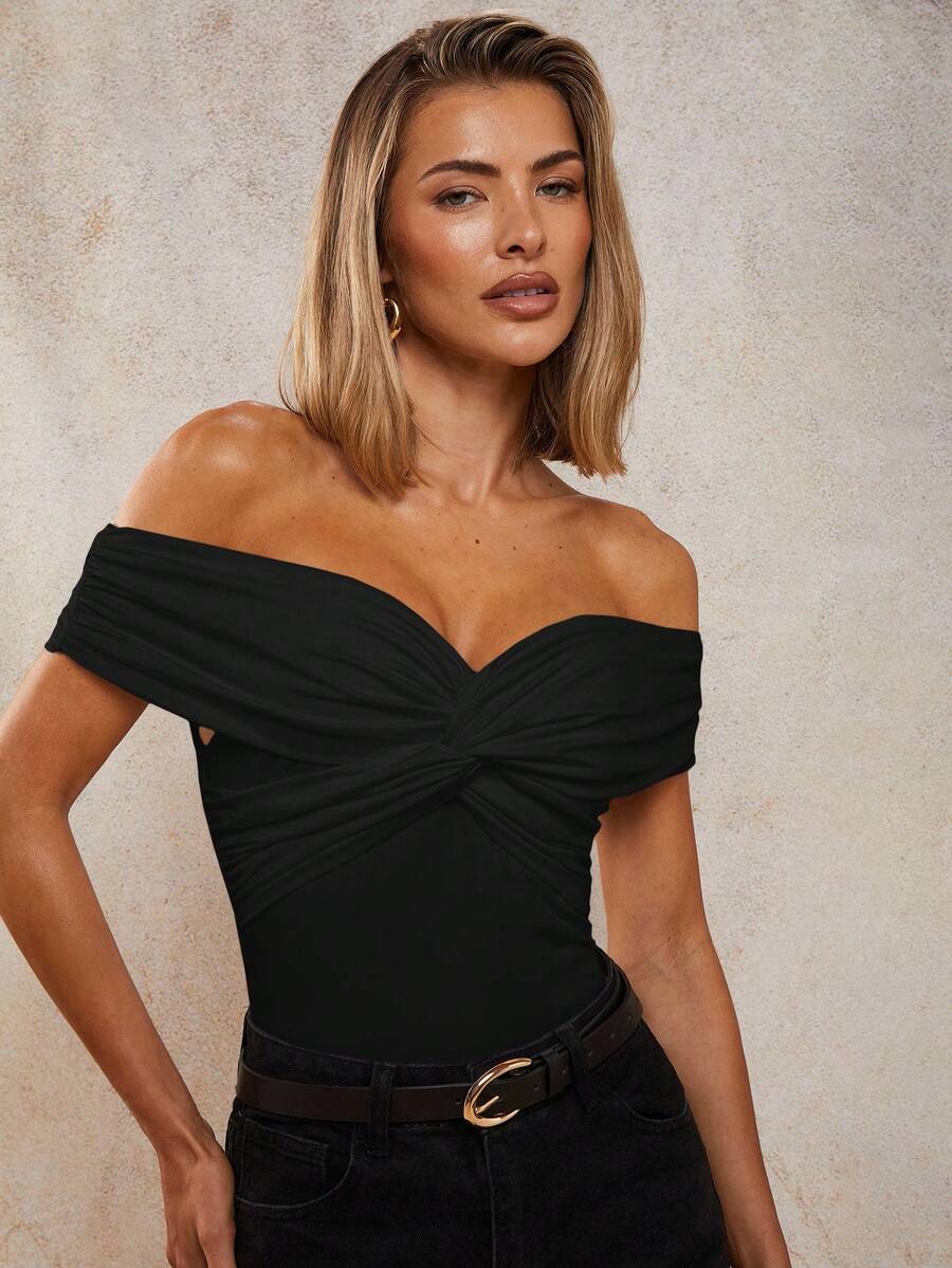 COSMINA Bộ đồ liền thân hở vai xoắn phía trước gợi cảm tối giản màu trơn dành cho nữ, mùa hè - màu đen - Xem 1