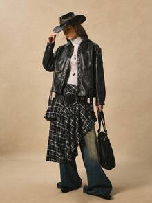 Easelle 复古游牧风格镂空宽松水洗做旧设计女式常规外套西部风女式短款皮衣女式皮衣摇滚女式西部风秋冬装 - 深灰色 - 查看 7