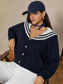 Zelara 大码女式海军蓝领休闲百搭毛衣水手开衫女式学院风开衫女式水手上衣航海风毛衣女式海军蓝开衫女式水手女式学院风上衣女式夏季开衫女式航海风女式学院风女式冬季新年 - 藏蓝色 - 查看 6