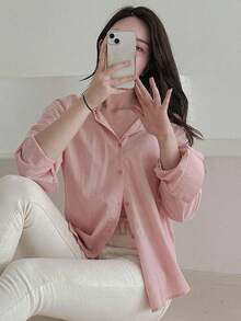 DAZY Áo cánh trơn màu rộng rãi, đa năng, thường ngày cho nữ, quần áo mùa thu, áo dài tay - Hồng - Xem 7