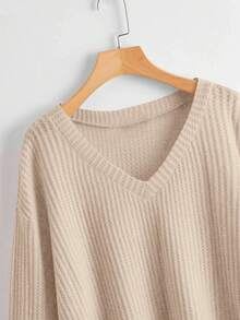 SHEIN Unity 女士纯色V领落肩长袖休闲宽松T恤 - 杏色 - 查看 5