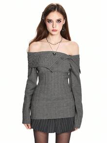 ROMWE Y2K 风格露肩罗纹针织收腰毛衣 - 深灰色 - 查看 8