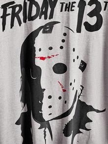 Friday the 13th X ROMWE Women Summer Figure & Letter Graphic Loose T-Shirt - Grey - View 2