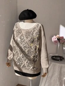Flirla เสื้อสเวตเตอร์สวมหัวไซส์ใหญ่ - สีกากี - ดู 6