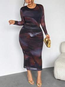 Firerie 优雅长袖扎染印花褶腰长裙不对称领长袖优雅约会夜裙网眼弹性面料大码女式连衣裙/休闲时尚度假返校长裙 - 彩色 - 查看 3