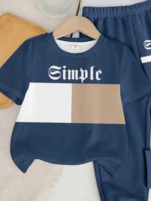 2件套年轻男孩休闲简约蓝色圆领短袖上衣和裤子套装 - 白色 - 查看 5