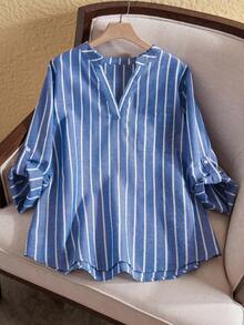 EMERY ROSE 大码女式秋季乡村休闲蓝白条纹长袖衬衫上衣，带口袋，秋冬季，外出穿着，2025新款 - 藍白色 - 查看 1