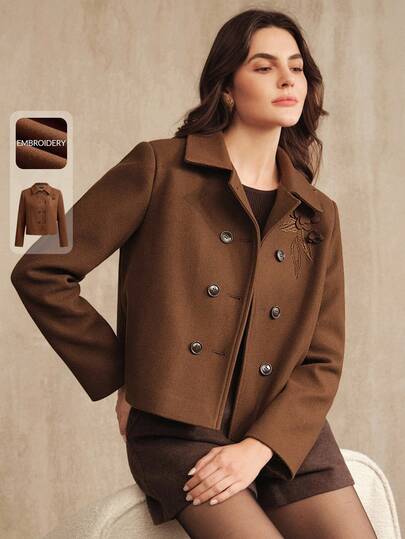 Anewsta Abrigo elegante de mujer con cuello bordado, ajustado y corto, de color marrón, para otoño/invierno