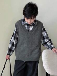 DAZY Áo len cổ chữ V cho bé trai, dáng rộng, màu trơn, phong cách cơ bản, mùa thu - Xám - Xem 8