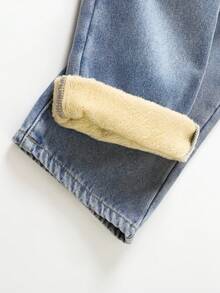 SHEIN Young Boy Casual Soft Distressed Fashionable Stonewashed Thermal Lined Loose Fit Baggy Jeans,Casual And Versatile For Fall/Winter Dailywear And Streetwear Costume,For Halloween And Christmas,Jeans,Jeans,Winter Jeans - Medium Wash - View 5