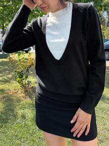 Livesso Women's Round Neck Raglan Sleeve Casual Knit 2 In 1 Colorblock Sweater Fall/Winter - Navy Blue - View 6