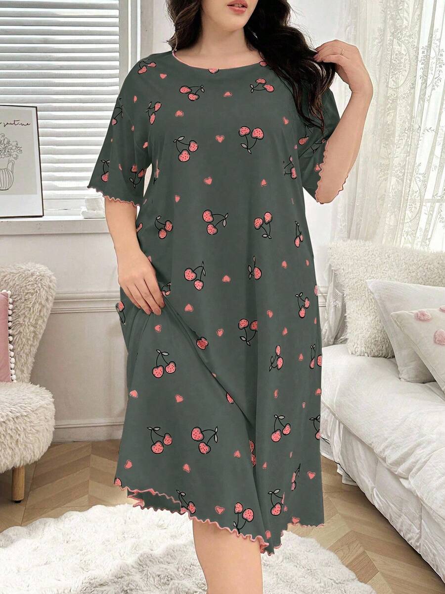 Plus Size Cherry Print Round Neck Short Sleeve Nightgown, Summer, Moo Moo Sleep Dress - Multicolor - View 1