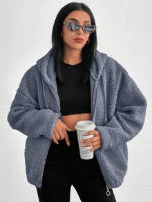 EURMUSE 100%Cotton Zip Up Drop Shoulder Hooded Teddy Jacket Fleece - Blue - View 6