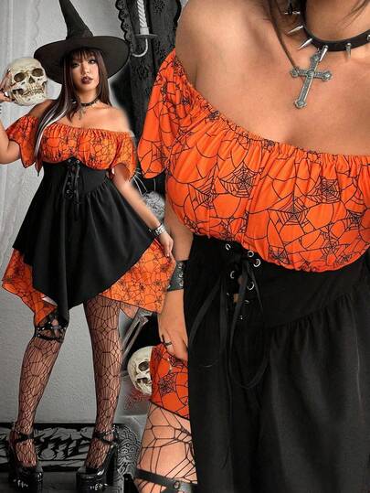 Whyspr 加大码新款哥特式二合一束腰带露肩不对称袖连衣裙短款连衣裙，优雅女士万圣节派对