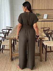 SHEIN PETITE CURVE 大码女式休闲纯色腰部收紧短袖连体裤 - 棕色 - 查看 2