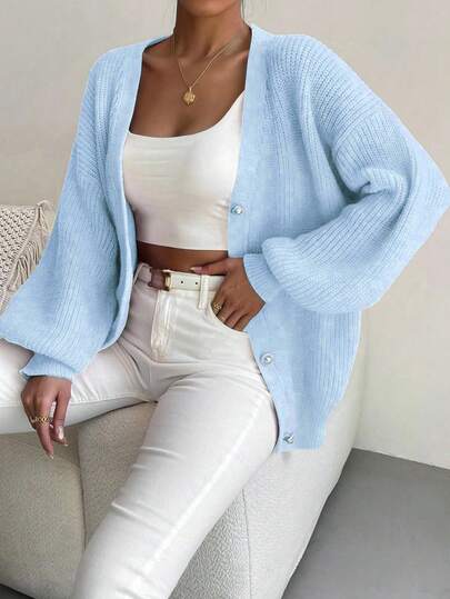 EMERY ROSE Minimalistyczny, luźny, jednokolorowy kardigan z dzianiny z rękawami typu latarnia i obniżonymi ramionami