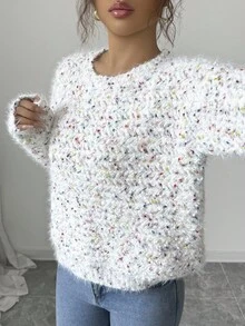 Elenzga 女士优雅波尔卡圆点圆领长袖百搭毛衣，适合多种场合和季节，秋冬季 - 杏色 - 查看 7