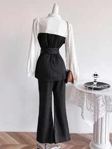 Sweetra Young 2 件套青少年女孩领口条纹金属纽扣束腰上衣和条纹喇叭裤通勤复古套装 - 黑色 - 查看 2