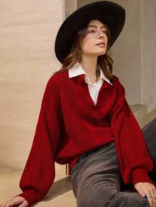 Wildy Casual American Country Street Fashion Christmas & New Year Red Polo Collar Cable Knit Sweater Autumn Winter Clothes For Women - Red - View 2