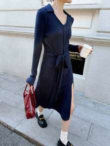 K-Vae Women's Solid Color Turndown Collar Long Sleeve Button Half Placket Waist Tie Casual Dress Navy Blue Dress Women - Navy Blue - View 6