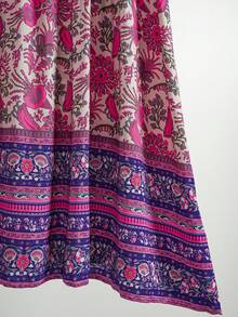 Rusticease Plus Size Country Boho Vacation Pastoral Comfortable Floral Positioning Flower Lotus Leaf Sleeve V-Neck Fitted Knee-Length Dress Suitable For Spring And Summer Wear Women Plus Sun Dress Women Summer Clothing Vacation Outfits Beach Outfits For Woman  Beach Vacation Outfits Beach Dress,Sundress Vacation Dress,Summer Dresses For Women,Dresses Casual - Hot Pink - View 6