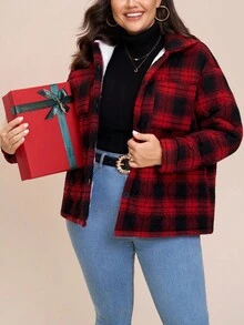 SHEIN LUNE 秋冬大码女式绗缝纽扣红格子棉服外套 - 彩色 - 查看 10