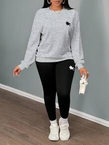 Slaydiva 2pcs Fall Casual Minimalist Horse Logo Print Loose Fit Crew Neck Sweatshirt And Black Leggings Set, All-Match Versatile Outfit For Autumn/Winter - Multicolor - View 6
