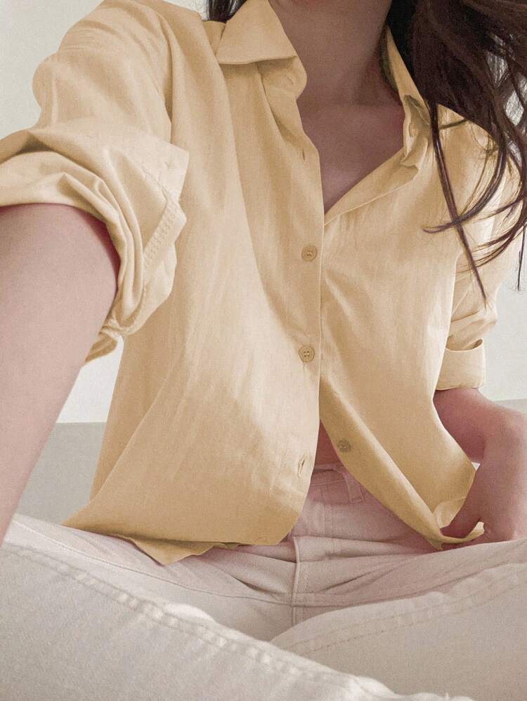 Women's Loose Fit Plain Long Sleeve Single-Breasted Casual Shirt