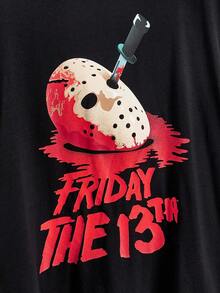 Friday the 13th X ROMWE Áo thun cổ tròn in khẩu trang rộng rãi cho nữ, Halloween - màu đen - Xem 2