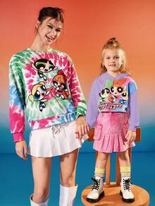 THE POWERPUFF GIRLS X SHEIN 年轻女孩卡通印花休闲宽松落肩短款连帽衫 - 紫色 - 查看 5