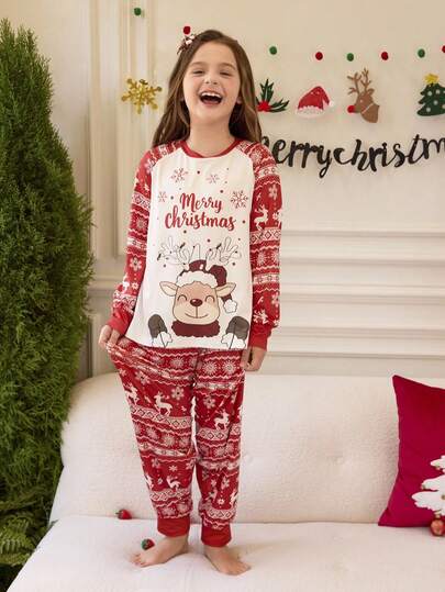 女孩可爱圣诞驯鹿和雪花几何印花撞色圆领插肩袖睡衣