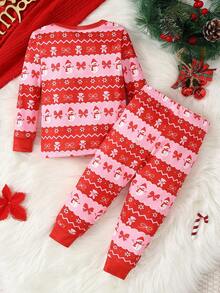2pcs Toddler Girls' Cute Heart & Snowman Christmas Print Red Crew Neck Long Sleeve Top And Pants Knit Stretchy Comfortable Fitted Pajama Set - Red - View 2