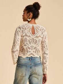 Travachic 女士时尚度假性感镂空套头衫，国庆节，新年服装，奢华优雅毕业，女士钩针上衣，女士长袖秋冬服装 - 杏色 - 查看 2