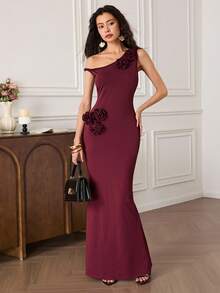 EastFlair Vestido elegante ajustado con hombros oblicuos y decoración floral 3D de unicolor para mujer - Burdeos - Ver 3